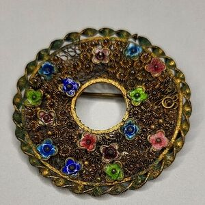 Floral Gold Brooch with Multicolor Enamel